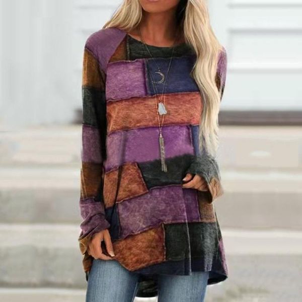 

women's blouses & shirts women plus size geometric printing stitching color matching loose long-sleeved harajuku 2021 summer female cl, White