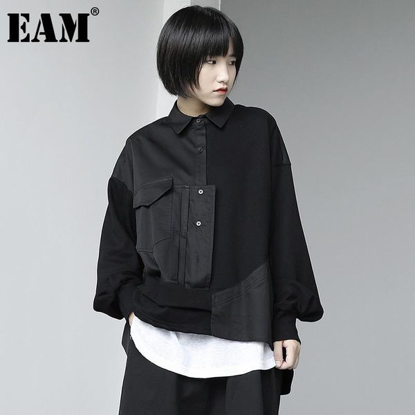 

women's hoodies & sweatshirts [eam] black irregular spliced loose fit sweatshirt lapel long sleeve women big size fashion tide spring a
