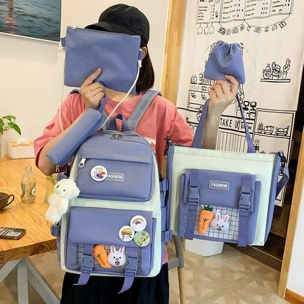 

backpack korean version kawaii canvas patchwork schoolbag 5pcs set harajuku large capacity lapbackpacks oxford cloth crossbody