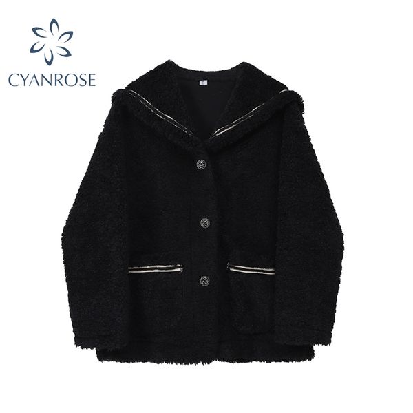 

black lambswool jacket women autumn winter zipper casual warm harajuku sheepskin coat female sailor collar vintage outwear 210417, Black;brown