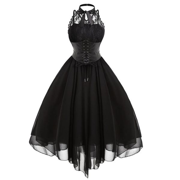 

casual dresses women black gothic punk vintage party sleeveless cross back retro lace panel chiffon solid corset swing dress vestidos, Black;gray