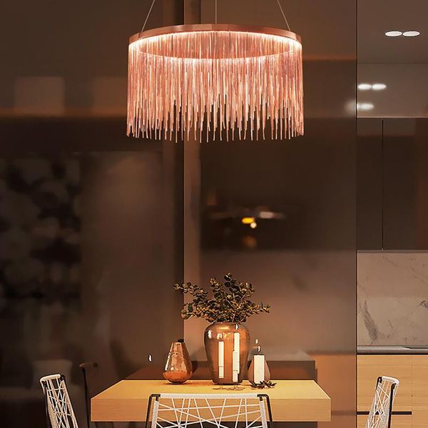 

pendant lamps rose gold silver aluminum tassels lamp luxury chandelier for livingroom decoration restaurant luminaire suspension waterfall c