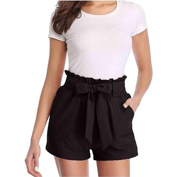 

women's shorts summer casual short fashion bowknot lace high waist belt pocket femme cotton streetwear, White;black
