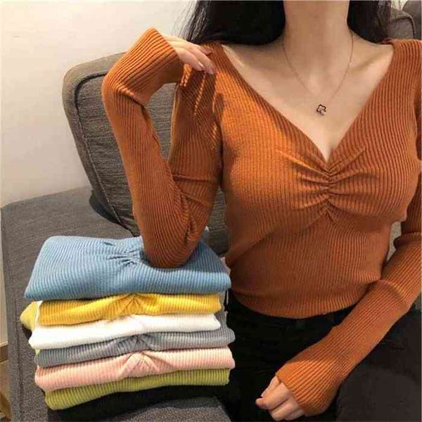 

2021 autumn winter pleated v-neck pullover knitted women long sleeve slim elasticity jumper ladies solid color sweater, White;black