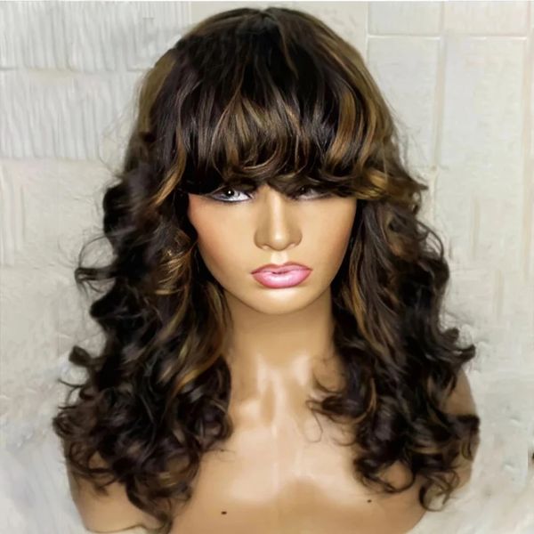 Основные блондинки коричневый парик для тела с челкой 360 Фронтальные человеческие волосы Перуанские Реми безрелесны 13х6 кружевные парики