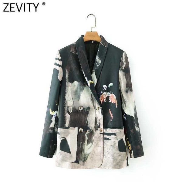 

zevity women vintage tie dyed printing back striped patchwork fitting blazer coat office ladies double breasted chic ct671 210603, White;black