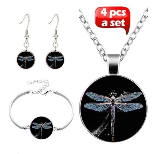 

earrings & necklace 4pcs/set fashion handmade glass witchcraft black dragonfly pendant choker bracelet for women jewelry, Silver