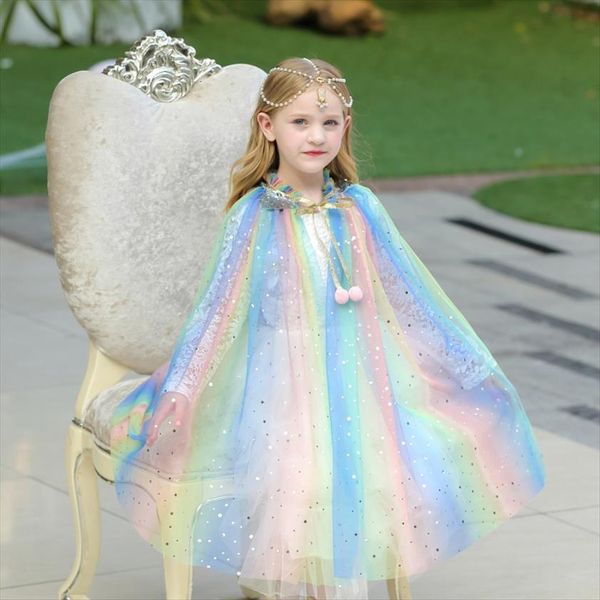 

girls rainbow sequins cape cloak girl dresses costume drawstring tulle sleeping beauty halloween fancy dress up mantle, Red;yellow