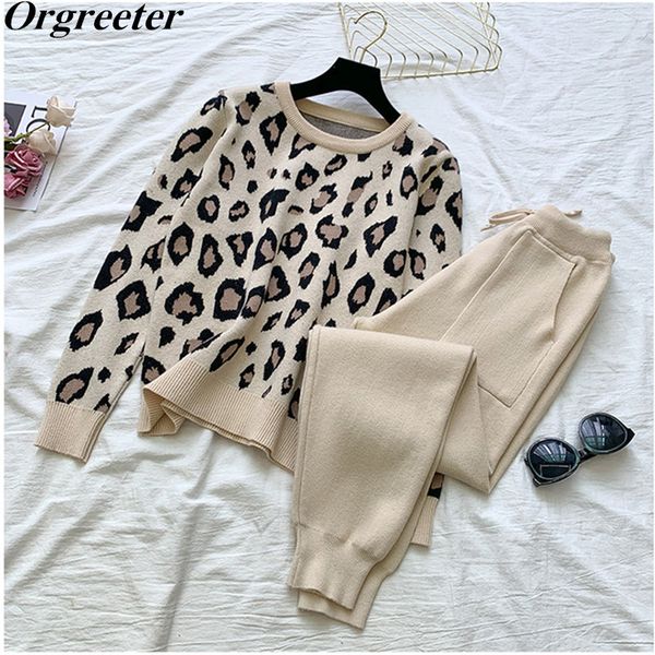 

arrival sweatersuits for women leopard long sleeve sweater and elastic waist pants two piece tracksuits female 210525, White