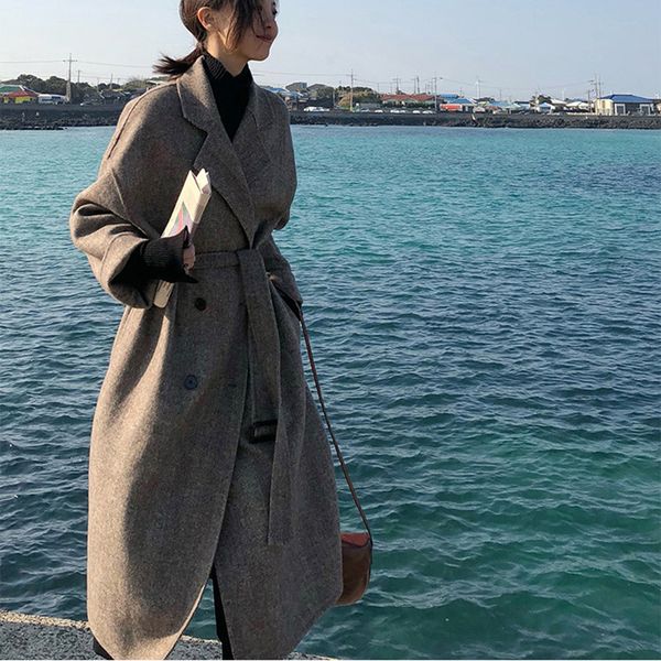 

women's wool & blends winter woman coats autumn and coffee color large size woolen coat in the long loose female 1zof, Black