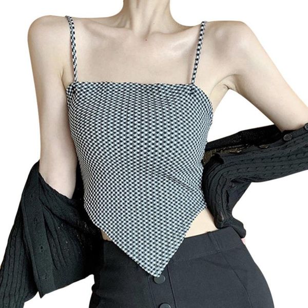 

women's tanks & camis summer solid coor irregular camisole lattice printed backless slim expose navel knitted tank, White