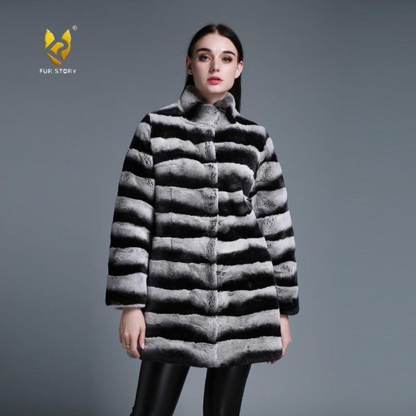 

women's fur & faux womens coats chinchilla color real rex female long winter jacket women large size coat story fs15194, Black