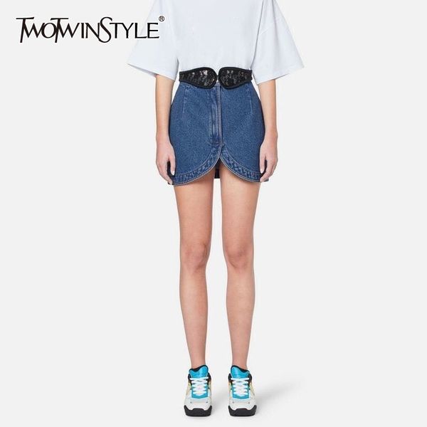 

twotwinstyle patchwork lace denim skirt for women high waist irregular mini skirts female fashion summer stylish 210517, Black