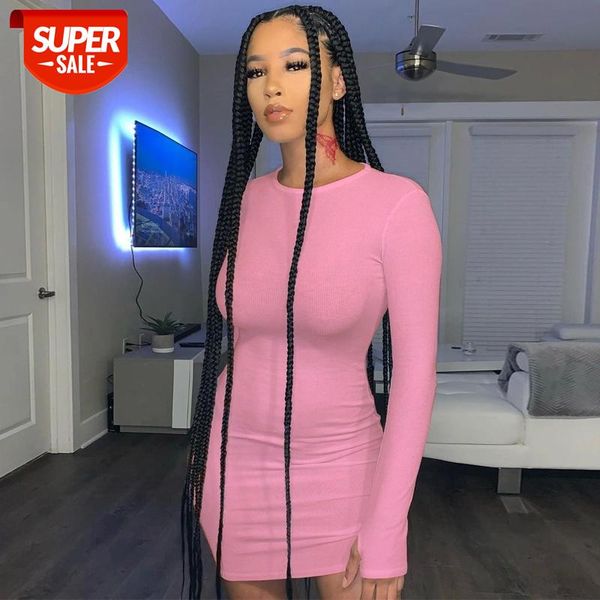 

women trendy mini bodycon dress autumn solid color long sleeve round neck slim stretch chic club with thumb holes #rg2z, White;black