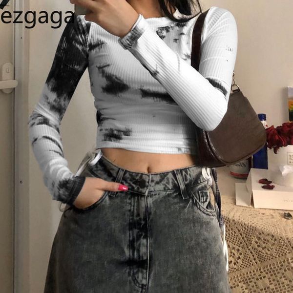 

ezgaga long sleeve t shirt women o-neck tie dye drawsting women fashion clothing stretch female thin streetwear 210430, White