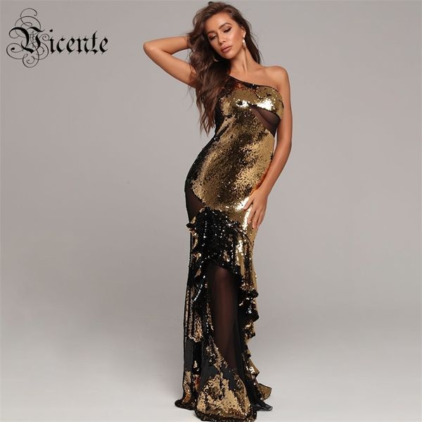 

trendy gold black sequins ruffles design one shoulder celebrity party elegant maxi long dress 210520, Black;gray