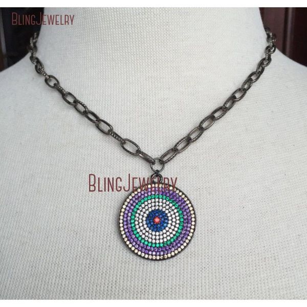 

gunmetal pave crystal multi color evil eye disc pendant on textured chain choker necklace nm18717 chokers, Golden;silver