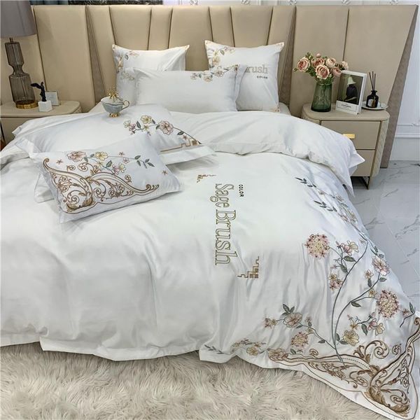 

bedding sets luxury white pink blue gray flowers embroidery cotton set washed silky smooth duvet cover flat/fitted sheet pillowcases