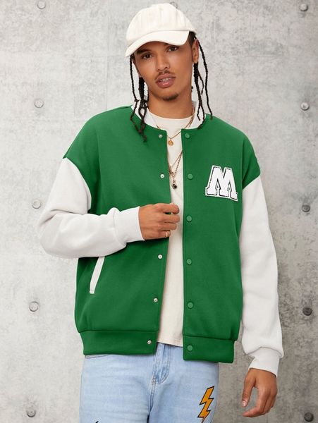 

men letter patched color block drop shoulder bomber jacket d8l8#, Black;brown