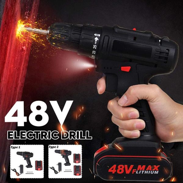 

professiona electric drills 15 torque 48v cordless impact drill li-ion battery led working light screwdriver diy home hand flat power tools