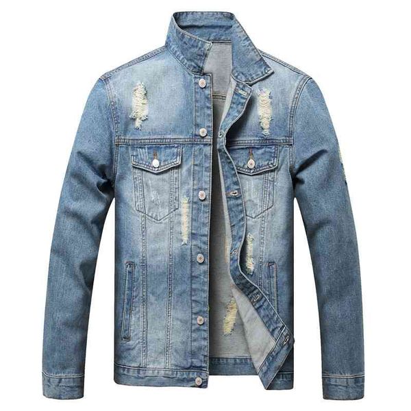 

blue denim jacket with holes and side seam pockets, Black;brown