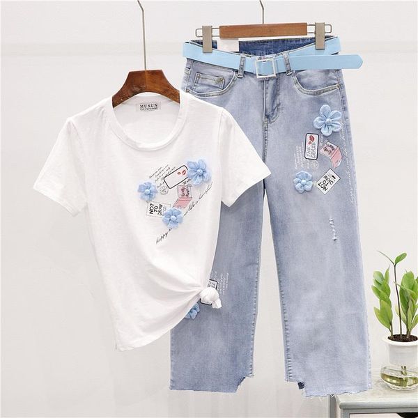

two piece dress summer t shirt women 2021 fashion flowers print short sleeve t-shirt + frayed wide leg nine points jeans set h017, White