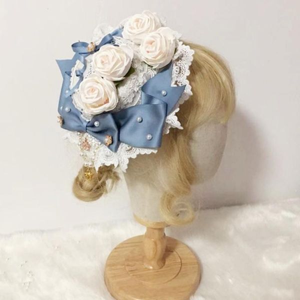 

stingy brim hats japanese lolita sweet lace mini hat pearl beaded ribbon bowknot rose flower fascinators cap anime cosplay hair party, Blue;gray