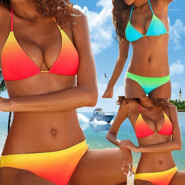 

women's swimwear print beach summer women gradient bandage bikini push-up padded swimsuit 2 piece set beachwear maillot de bain, White;black