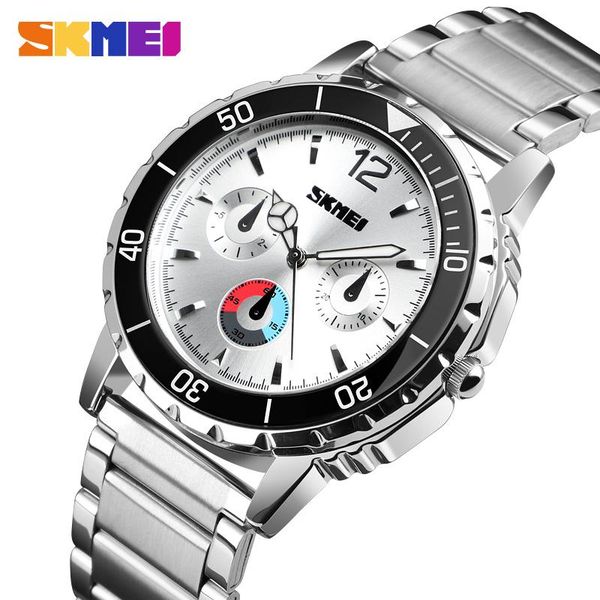 

wristwatches skmei watch men quartz watches stainless steel wristband fashion sport dial waterproof montre homme, Slivery;brown