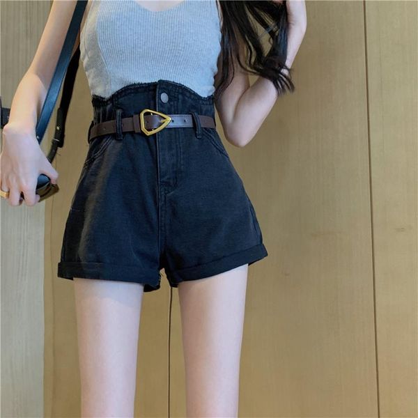 

women's shorts black korean denim jeans women with belt ins wide leg short pants high waist streetwear z714, White;black