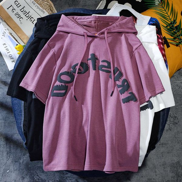 

men's shirt spring summer street personality t-shirt casual fashion brand foam printed letter hooded short sleeve men, White;black