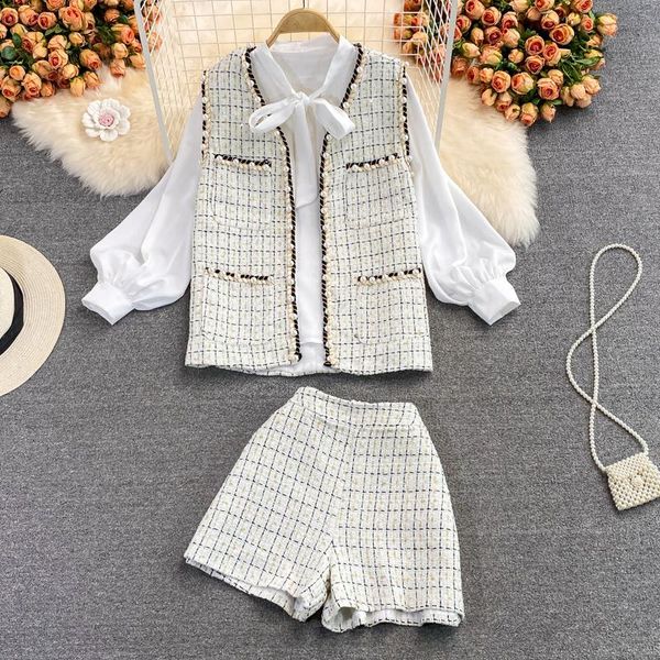 

women's tracksuits bow tie lace up lantern sleeve shirt small fragrance coarse tweed short jacket three piece suit high waist shorts, Gray