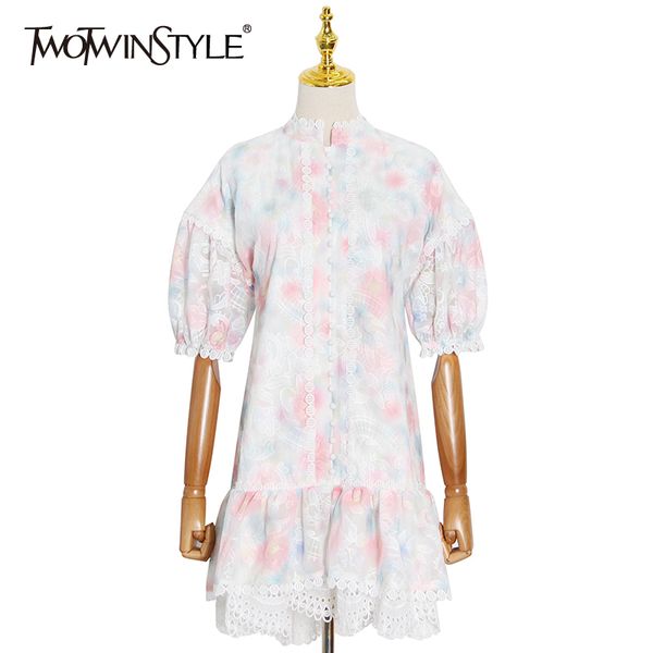 

patchwork lace print dress for women turtleneck short sleeve high waist dresses female fashion clothing 210423, Black;gray