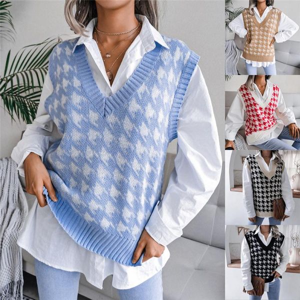 

women's vests spring autumn fashion style short v-neck houndstooth casual loose knit sweater vest women trendy 195, Black;white