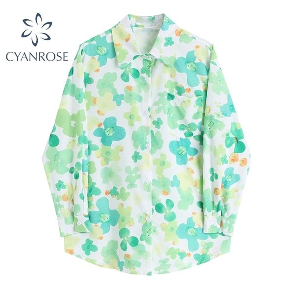

fashion light green printted shirt women summer long sleeve oversize beach blouse female holiday party clothing 210515, White
