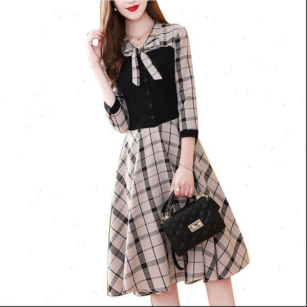 

patchwork button half sleeve fashion women dresses plaid office elegant vintage spring autumn slim bow aa316, Black;gray