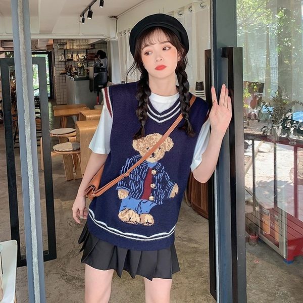 

sweaters women o-neck leisure kawaii cartoon sleeveless sweater student all-match womens korean trendy clothing 210522, White