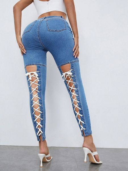 

sxy grommet lace up back skinny jeans w9c6#, Blue