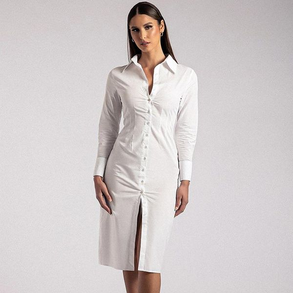 

casual dresses autumn shirt dress for women white lapel single breasted long sleeve midi skinny office lady work street vestidos, Black;gray