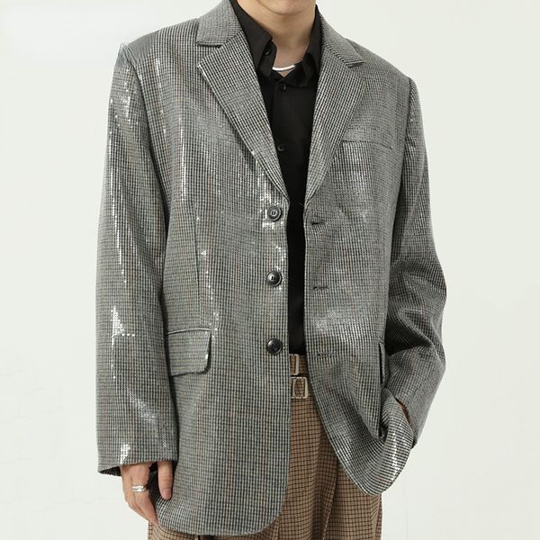 

autumn new sequins design grey green blazer men korean trend lattice high qualty vintage suit jacket single breasted coat, White;black