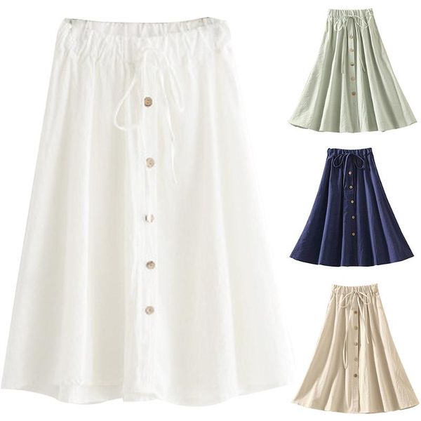 

women'-line high waisted button front drawstring pleated midi skirt with elastic waist knee length skirts, Black