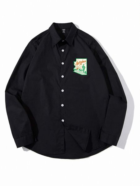 

romwe guys letter cactus graphic button front blouse d8kc#, White;black
