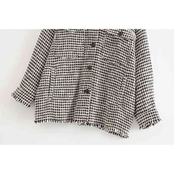 

twill tweed women vintage single breasted tassel european houndstooth jacket plus size oversize coat 200919, Black;brown
