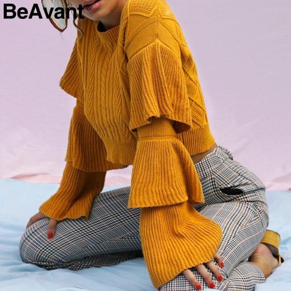 

women's sweaters beavant elegant ruffle sleeve knitted sweater women 2021 winter female short pullovers loose casual knitwear jumper, White;black