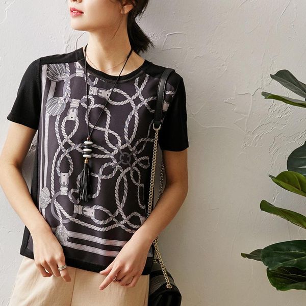 

women's t-shirt chinese style women s knot printed silk shirt short sleeve splicing knitwear, White