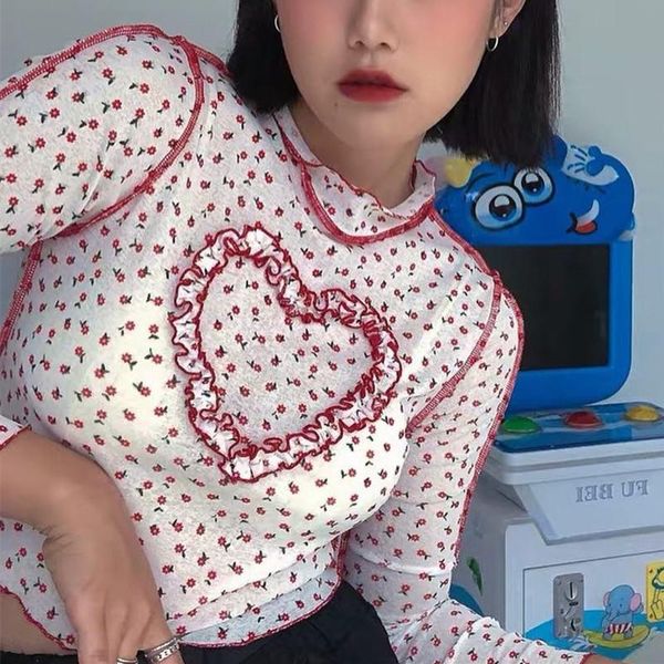 

women's t-shirt 2021 e-girl aesthetics floral stitch heart cropped y2k fashion ruffles long sleeve t-shirts sweet vintage outfits slim, White