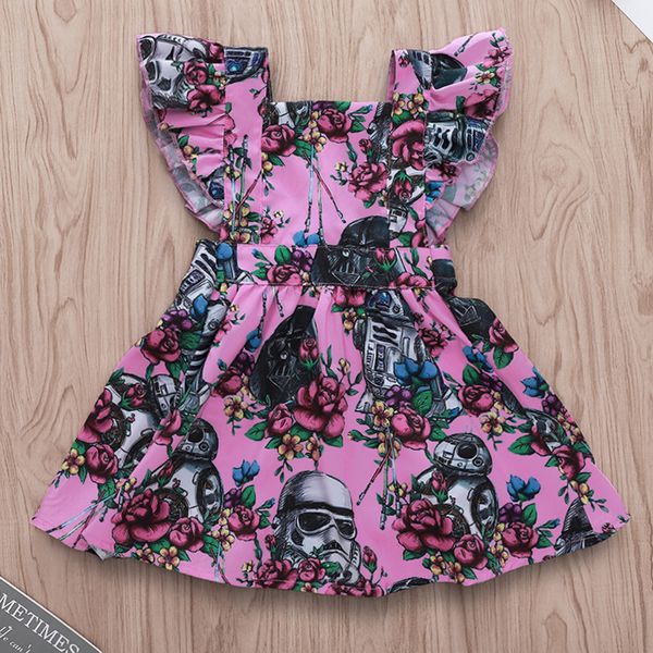 

2021 fashion baby girls clothes dress summer children outfits robot helmet flower-printed flying sleeve skirt for girl and child kids clothi, Red;yellow