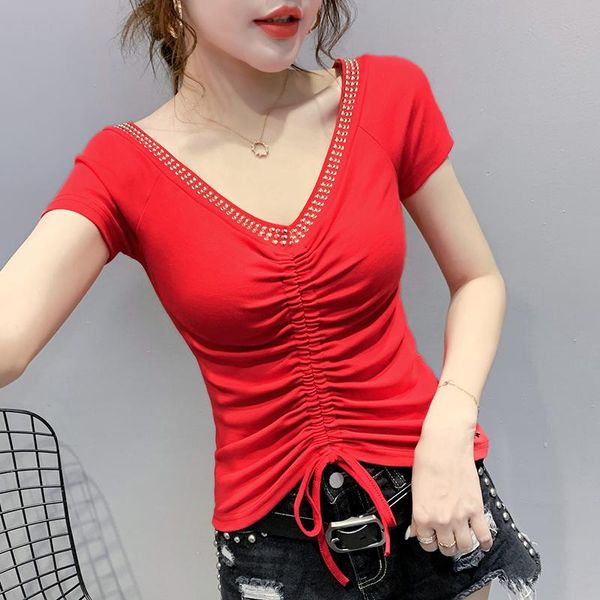 

2021fashion diamond drawstring t-shirt ladies v-neck summer t-shirts women large size short sleeve women's, White