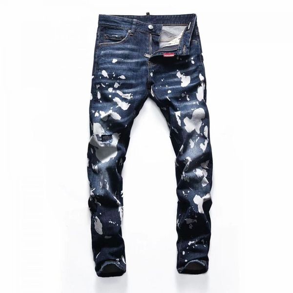 

spring and winter men's jeans fashion leisure atmosphere high graffiti splash printing spray paint patch hole fashion slim fit pants202, Blue