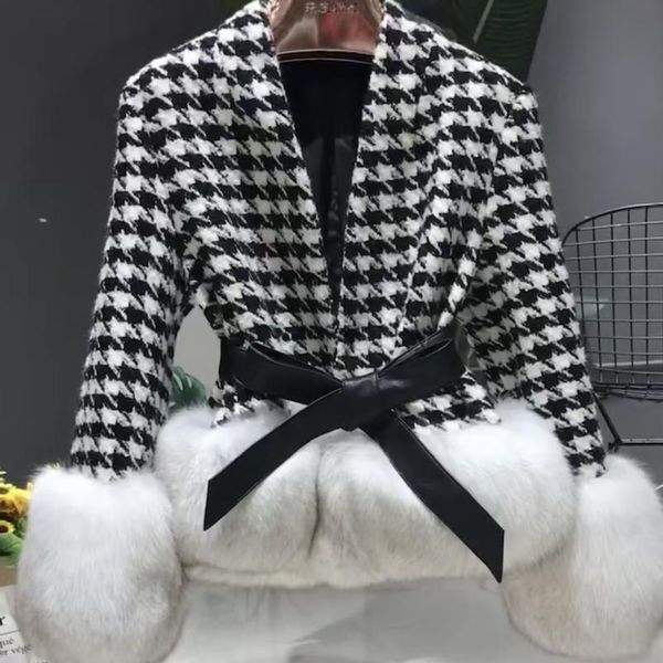 

women's fur & faux 2021 winter ladies houndstooth wool coats with natural sleeves and hem ribbon belt outerwear streetwear, Black